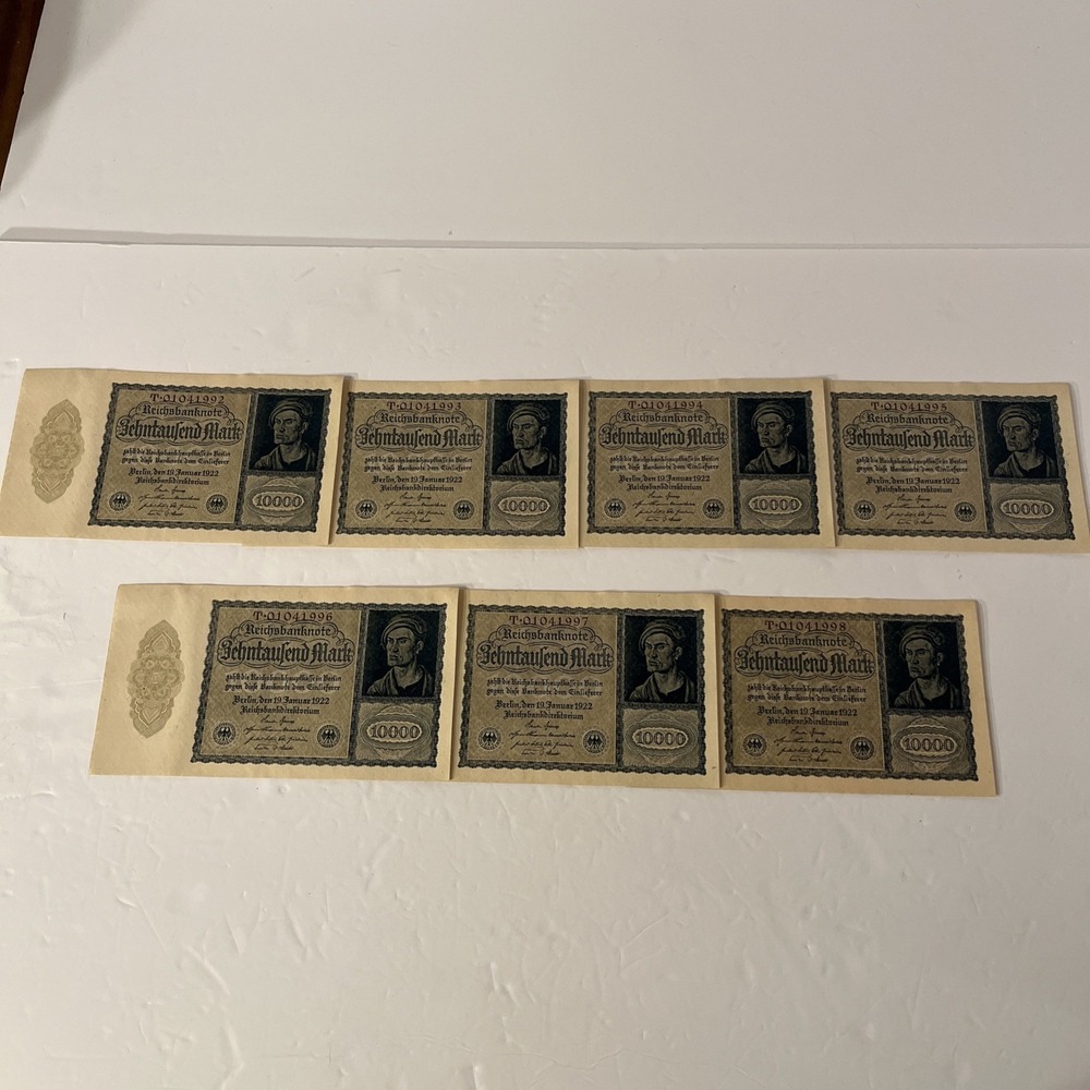 7 Germany 1922 10000 Mark Reichsbanknotes Sequential T01041992-T01041998